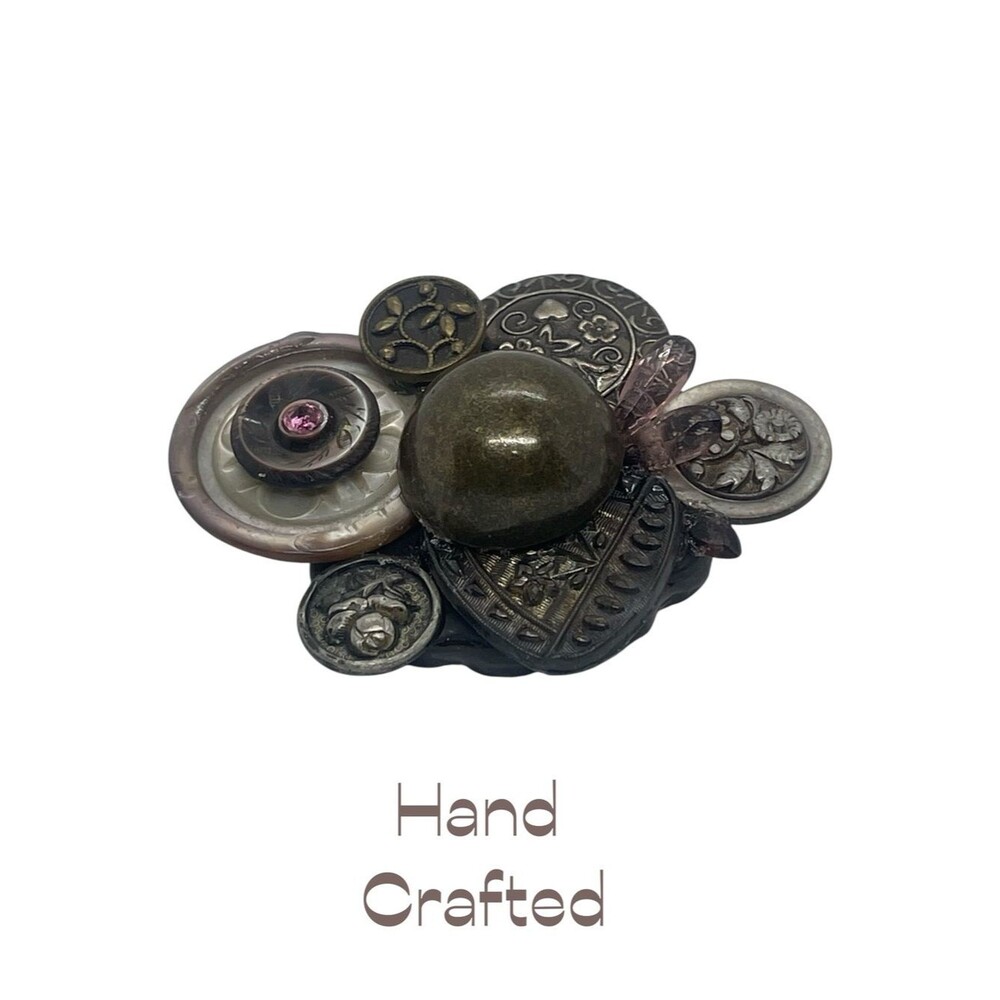 Hand Crafted Silver Bronze Glass Antique Button Brooch NWT